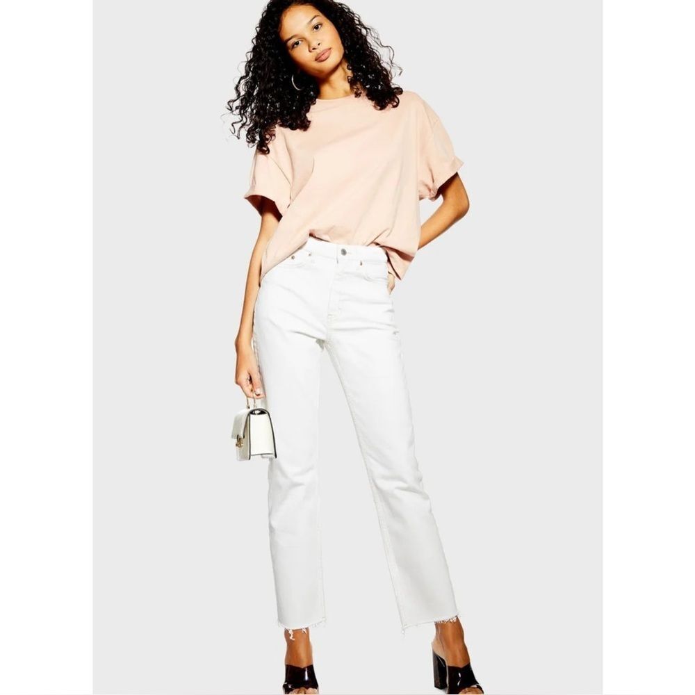 TopShop Jeans Women 28‎ Tall White Ivory High Rise Raw Hem Cropped Straight Leg